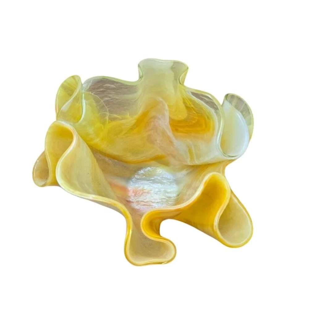VTG Bright Yellow‎ & White Swirled Handkerchief - Folded Glass Vase 7